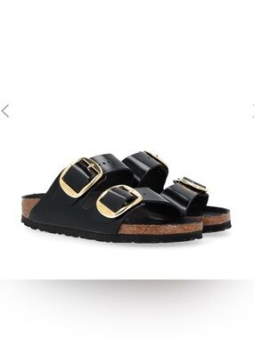 Birkenstock Arizona Double Buckle Sandals in Black with Gold Hardware
